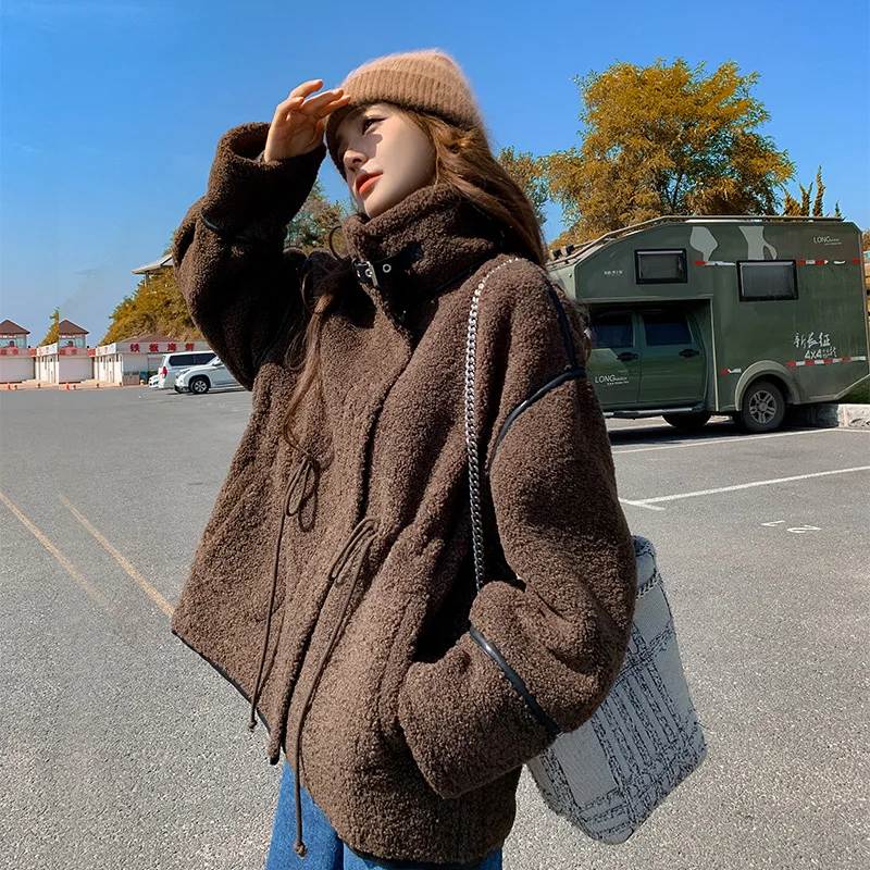 Autumn and winter versatile cardigan cropped imitation lambswool coat