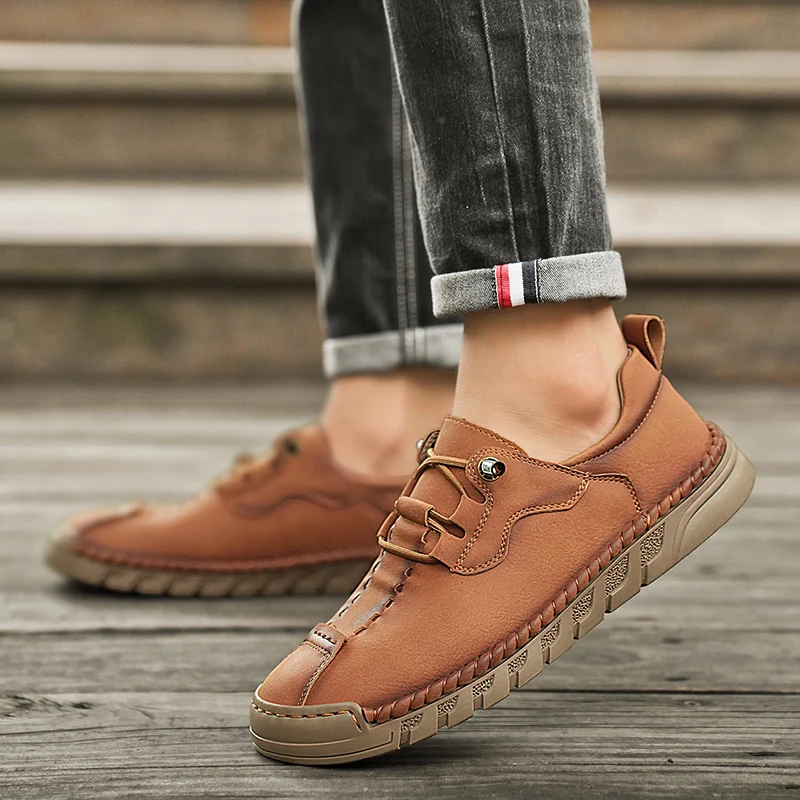 Мокасины мужские кожаные дышащие уличные лоферы плоская подошва на шнуровке