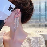 aporola fashion temperament long diamond studded tassel earrings womens geometric c shaped ear clips without pierced earrings