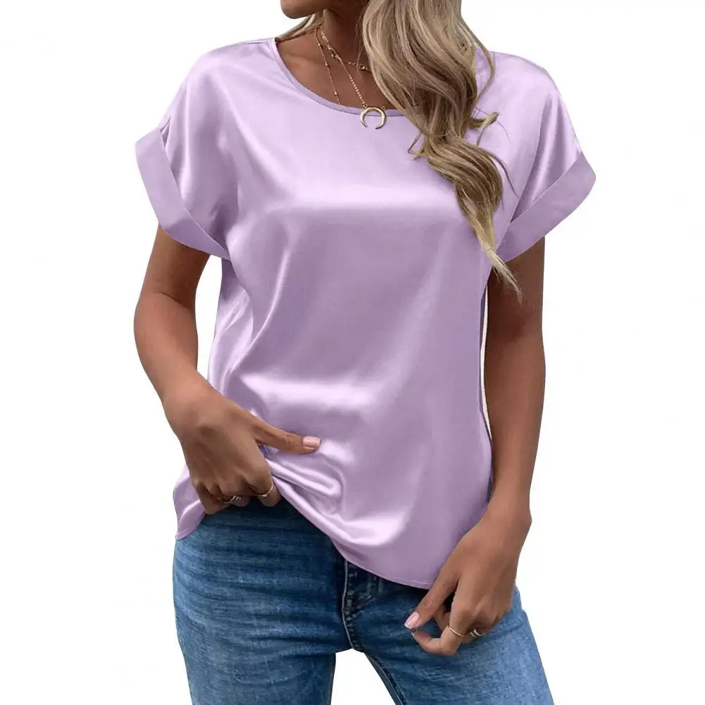 

Women T-shirt O-Neck Short Sleeve Loose Fit Women Casual Top Solid Color Smooth Satin Breathable Pullover Lady Streetwear