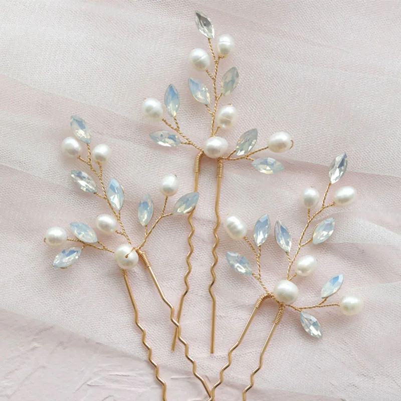 

SLBRIDAL Handmade Opal Crystal Freshwater Pearls Bridal Hair Pin Set Wedding Hair Sticker Hair Accessories Women Hair Jewelry