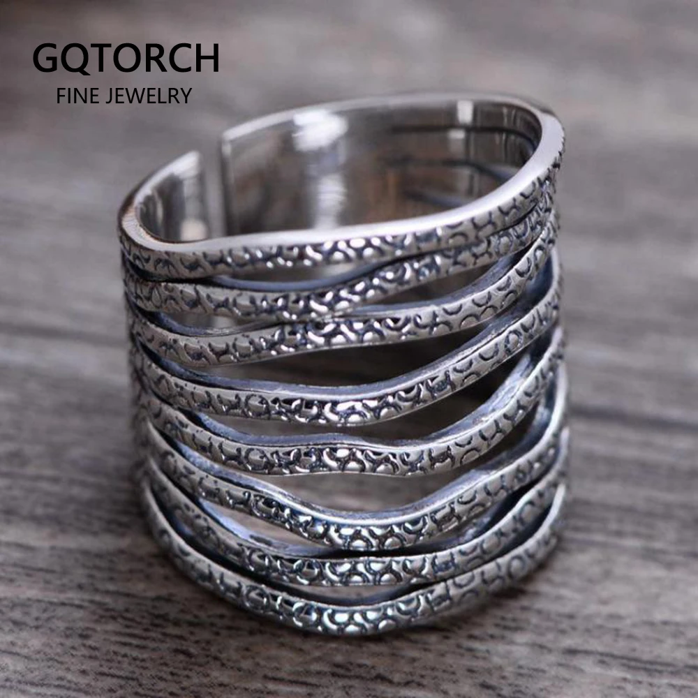 

Real Sold 925 Sterling Silver Silver Exaggerated Wide Rings For Women Vintage Punk Elegant Jewelry Wave Ring