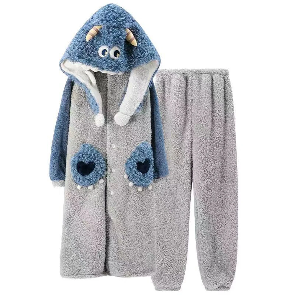 Plush Nightgowns Suit Women Men Long Sleeve Sleepwear Cartoon Animal Cosplay Pajamas Set Winter Flannel Sweet Hooded Sleepshirt