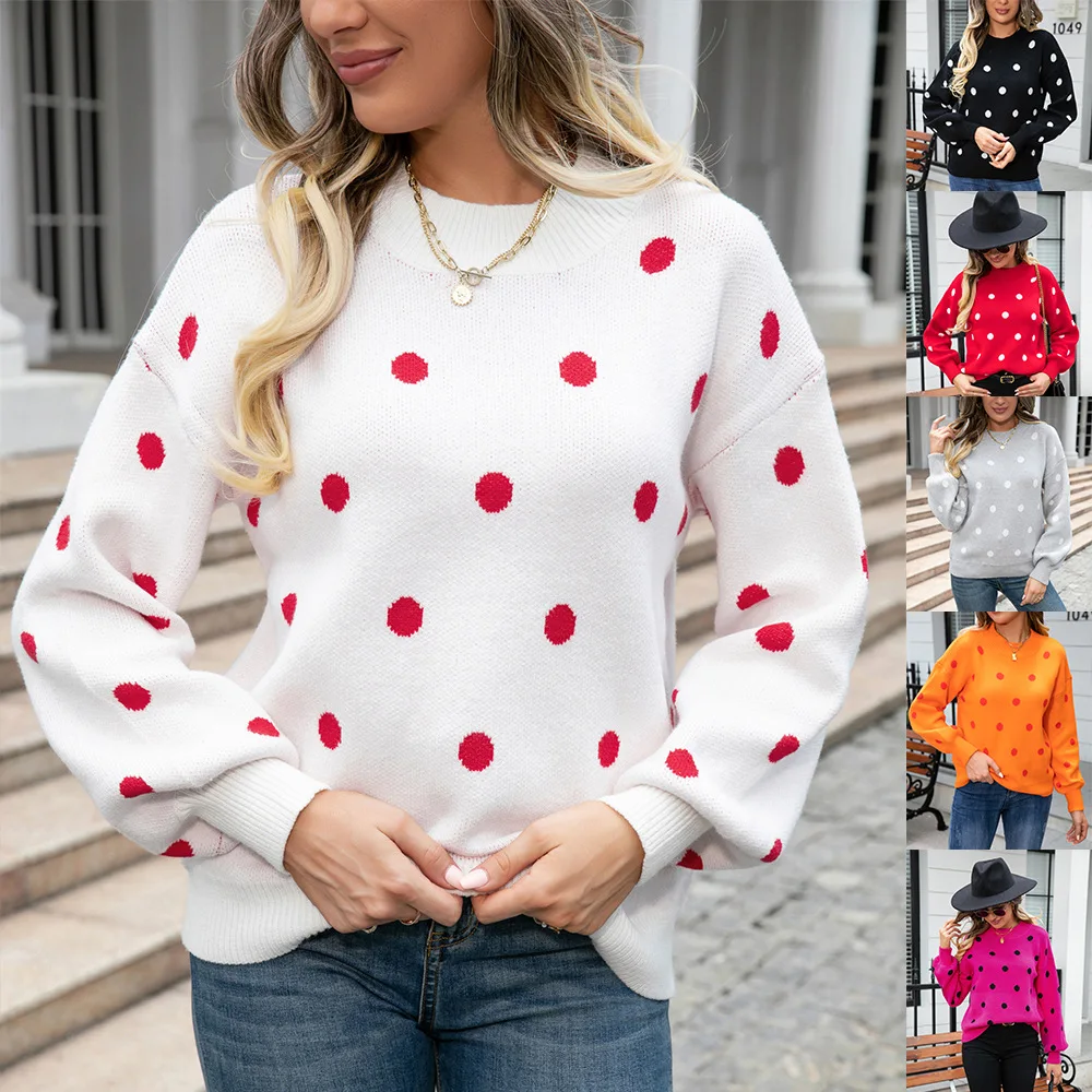 

2023 Women Polka Dot Long Sleeve Knitwear Big Size Loose O Neck Casual Pullover Top Female Autumn Winter Fashion Trend Sweater