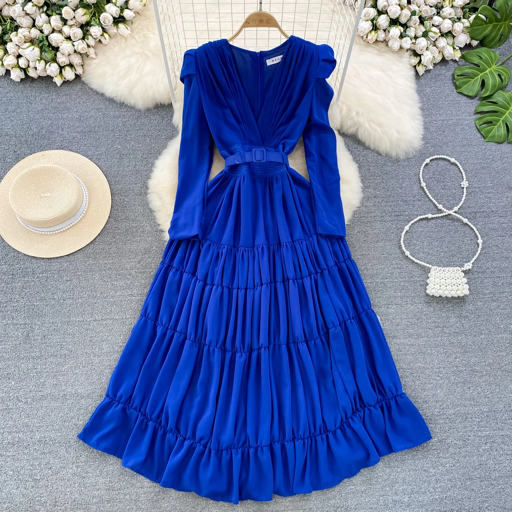 

Шикарное однотонное Плиссированное элегантное платье с пышными рукавами и V-образным вырезом, модное Повседневное платье-трапеция с поясом, женское модное весеннее платье