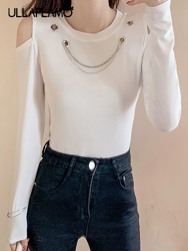 

Женские топы с открытыми плечами, футболка с длинным рукавом, Женская хлопковая футболка в Корейском стиле с цепочкой, женская одежда, черная, белая футболка, женская футболка, 2022