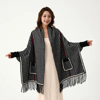 imitation mink velvet houndstooth knitted cloaks women warm thick big pocket capes autumn winter plaid coats chic travel shawl