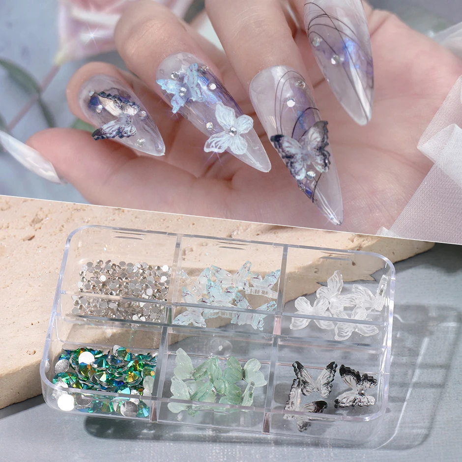 

6 Grids Charms Ink Butterfly Nail Art Decoration White Flower Camellia Ornament Shiny Rhinestone DIY Manicure Accessories SAS76