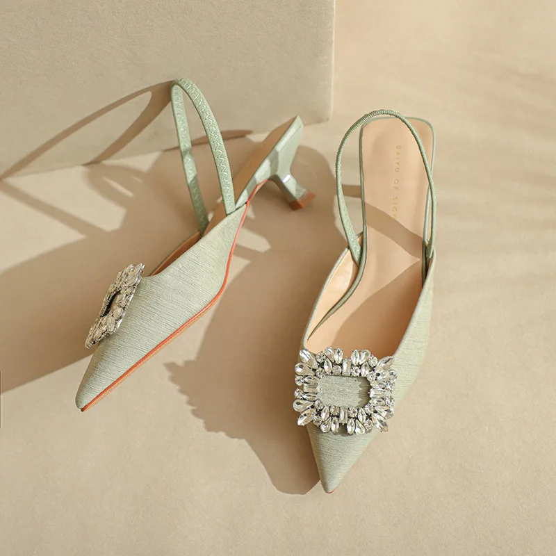 Wizard of Oz Square Button Rhinestone Women's Shoes Pointed Toe Shallow Mouth Single Shoes 2023 Summer New Slim Heel Sandals