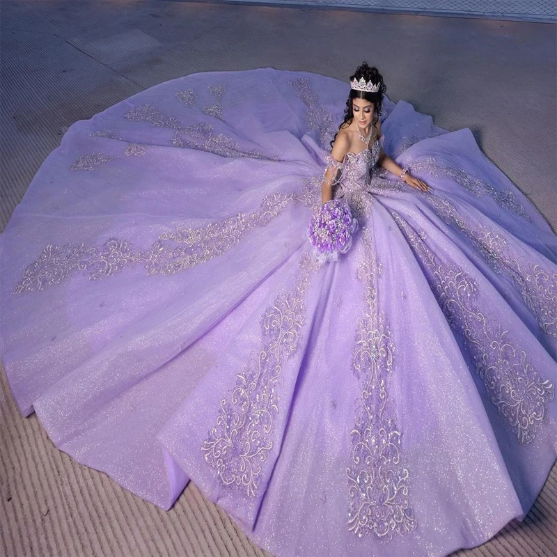 ANGELSBRIDEP лавандовое блестящее бальное платье Quinceanera платья невесты с открытыми