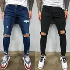 Джинсы мужские рваные до колена, Стрейчевые облегающие брюки из денима, однотонные черные синие, в стиле хип-хоп, модель Лето-Осень