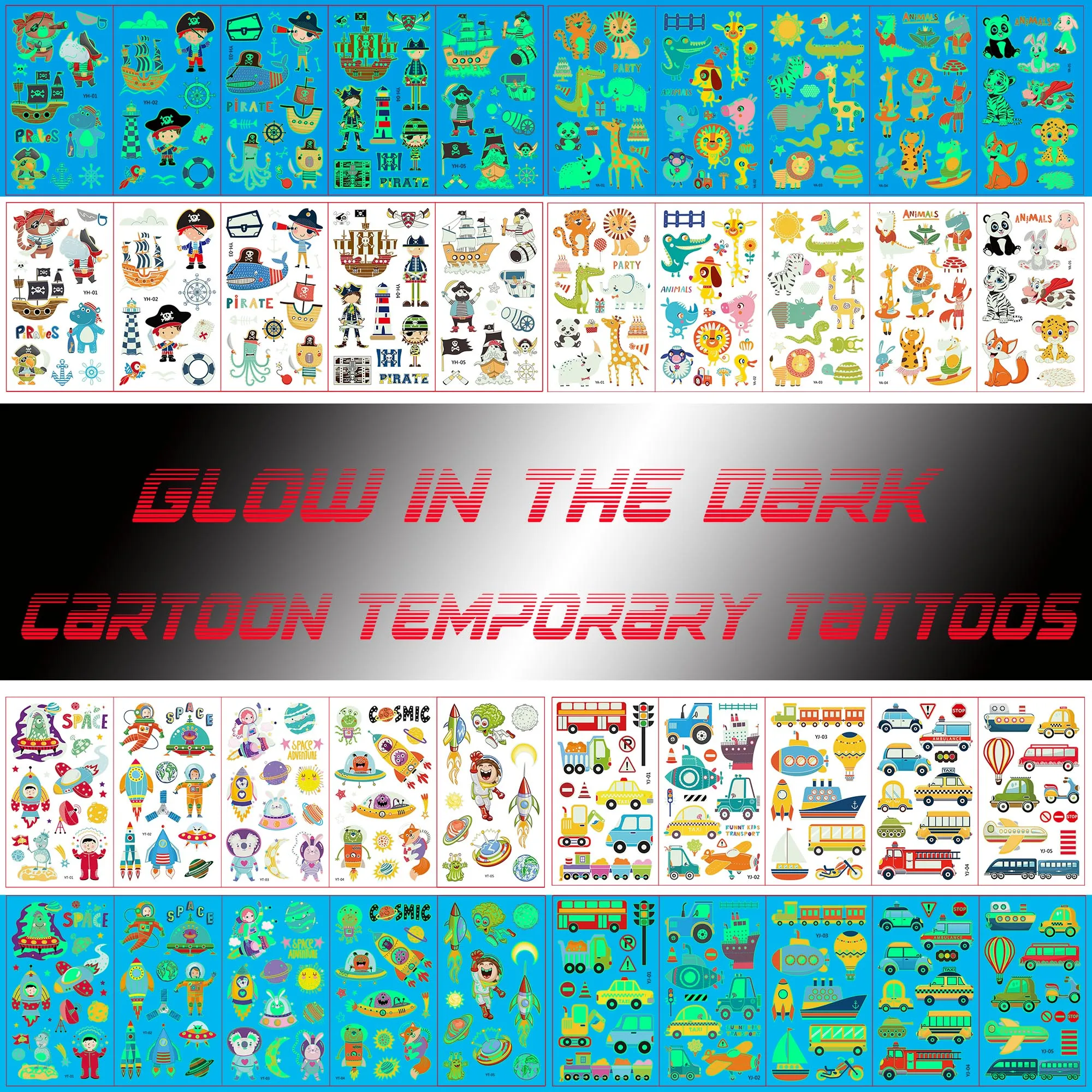 

Luminous CarTemporary Tattoos For Kids Boy Glow In The Dark Astronaut Pirate Fake Tattoo Sticker Girl Face Marine Tatoos DIY