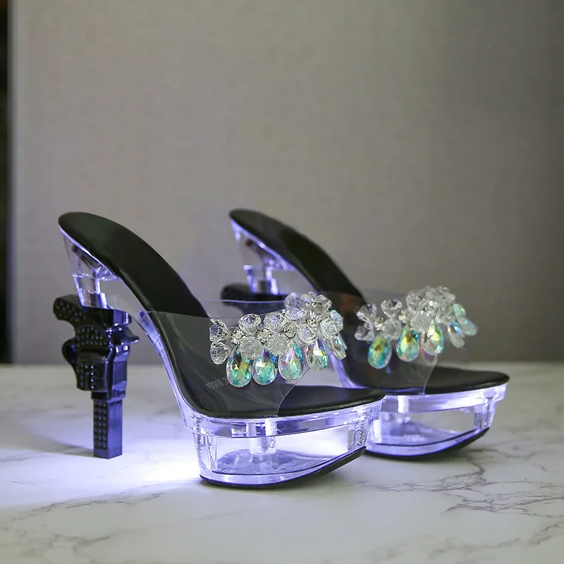 

2022 Women Sweet Series 14cm Heel 4cm Platform Luminous Bead Thick Heel Slippers Women's Thick Soled Sexy Shoes for Dance LFD