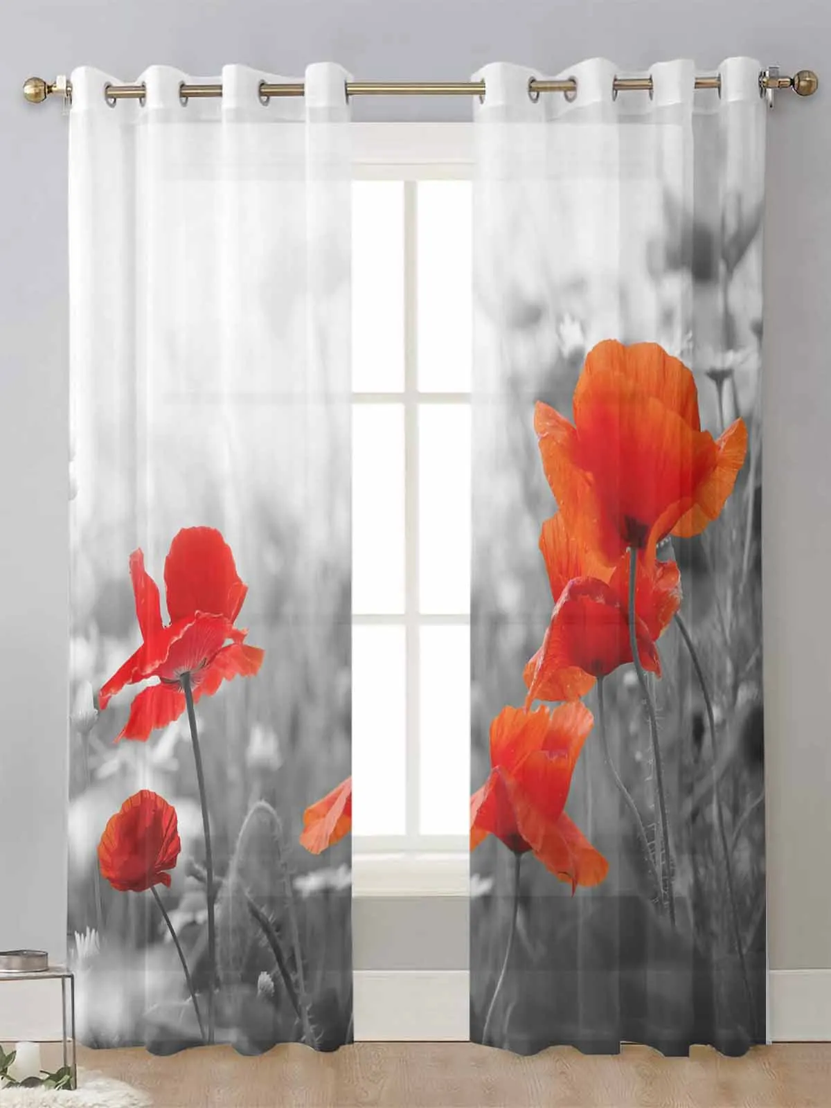 

Poppy Flower Red Sheer Curtains For Living Room Window Screening Transparent Voile Tulle Curtain Cortinas Drapes Home Decor