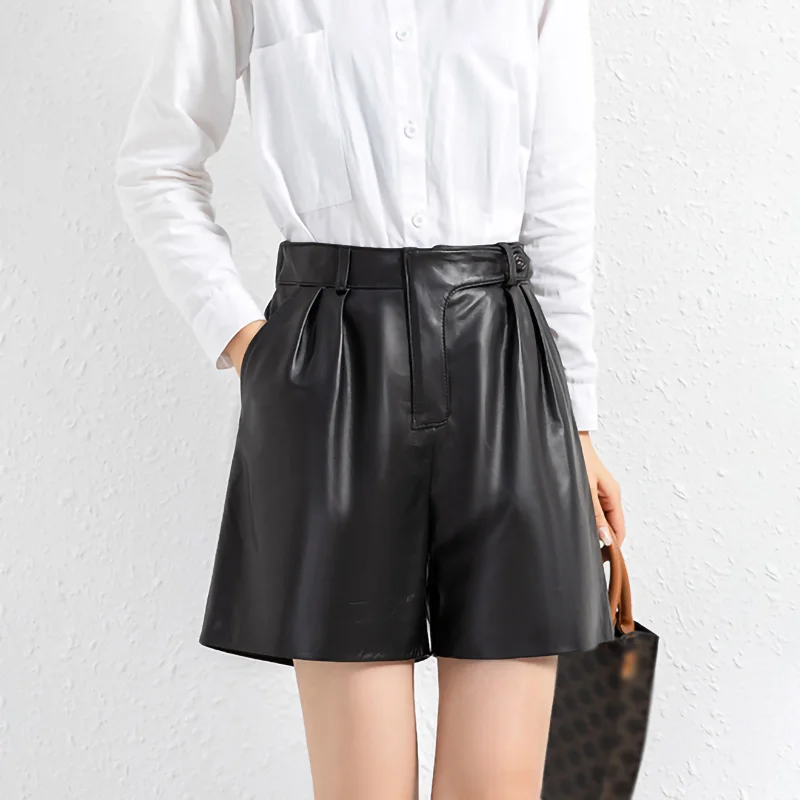 Lady 2023 New Arrivals Leather Pants Classic Black Short Trousers Women Mini High Waist Elastic SY3995