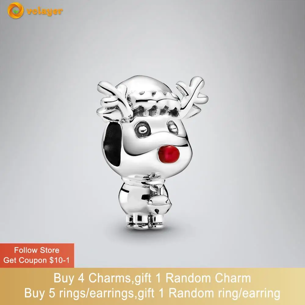 

Volayer 925 Sterling Silver Beads Red Nose Reindeer Charm fit Original Pandora Bracelets for Women Jewelry Making Birthday Gift