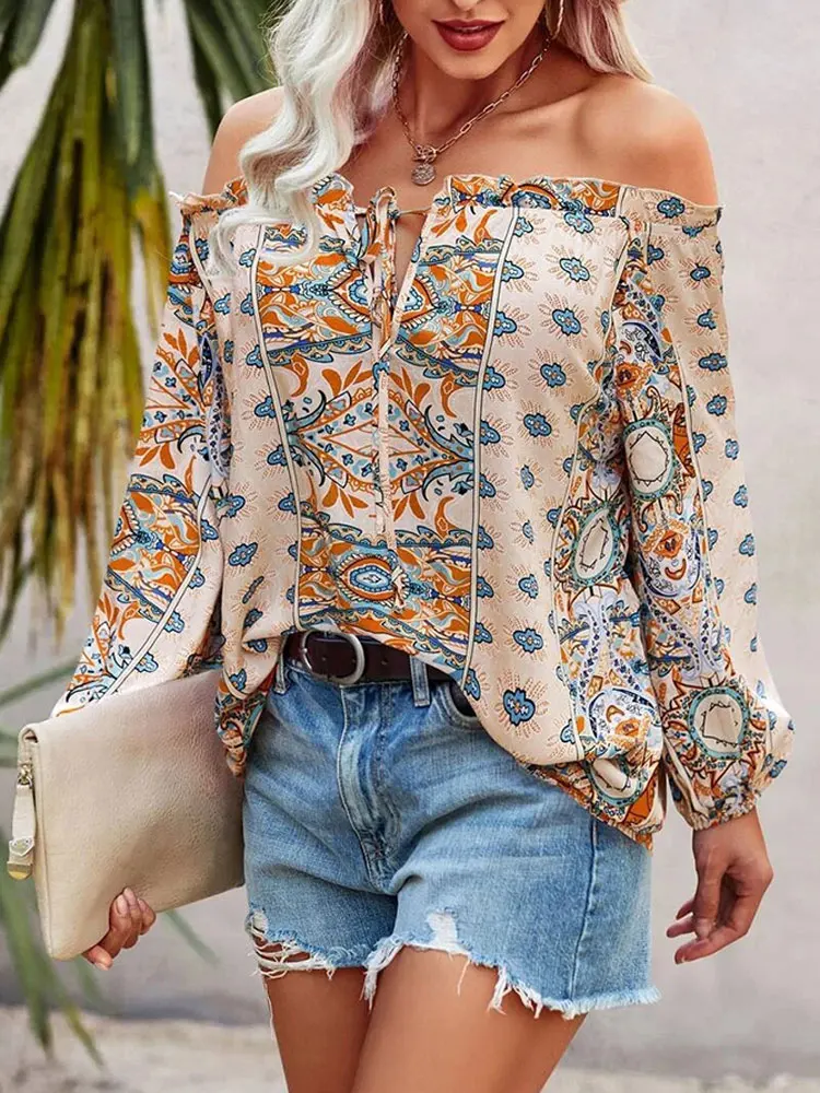 

Women's Printed Shirt Summer Bohemian Retro Fashion Blouse Ruffles One Word Collar Long Sleeve Lace Up Casual Loose Streetwear