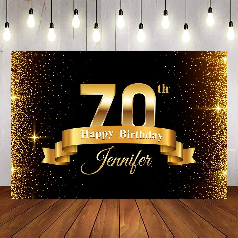 

Happy 70th Birthday Backdrop Black Gold Glitter Dot Sequin Table Banner Seventy Bday Party Decor Poster Background for Women Men