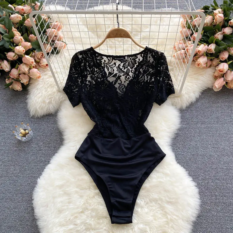 

Sexy Women Lace Bodysuits Black Elegant V-Neck Short Sleeve High Waist Bodycon Romper Female Summer Patchwork Jumpsuits New
