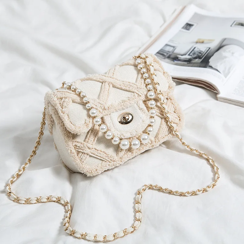 

2022 Canvas Shoulder Bags For Women Messenger Bags Ladies Vintage Handbag Totes Female Wadding Cloth Shopping Bags Pearl