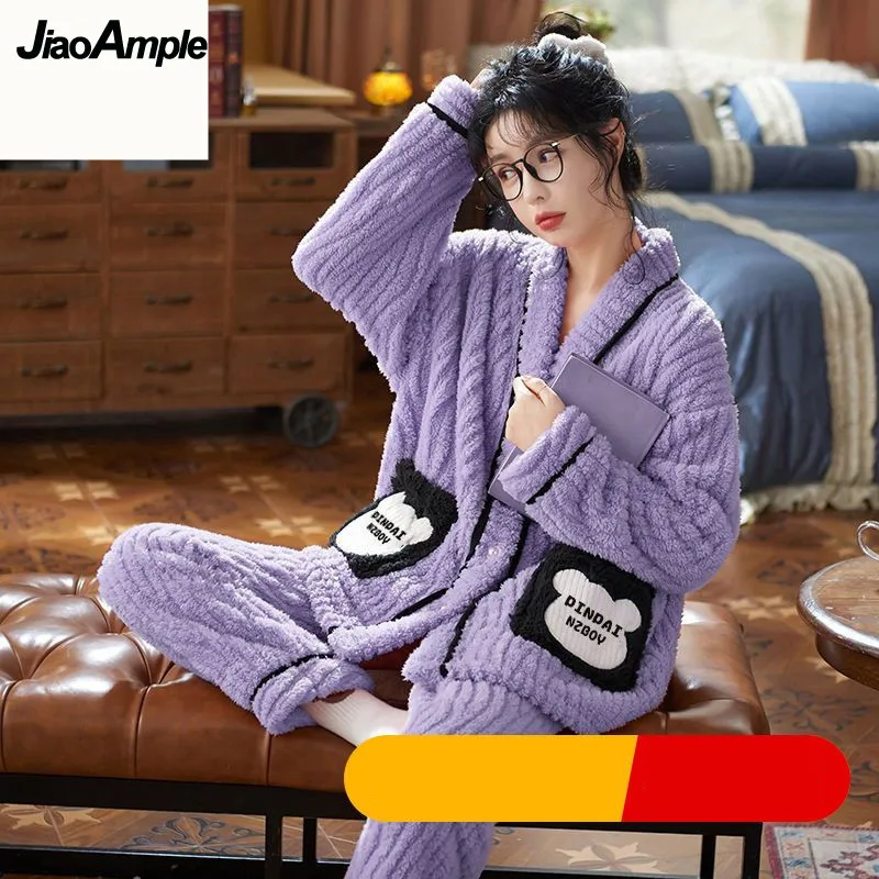 Coral Velvet Pajamas Women's Winter Warm Cardigan Sleepwear Set Korean Loose Long Sleeve Cute Pijamas Homewear Two Piece Set