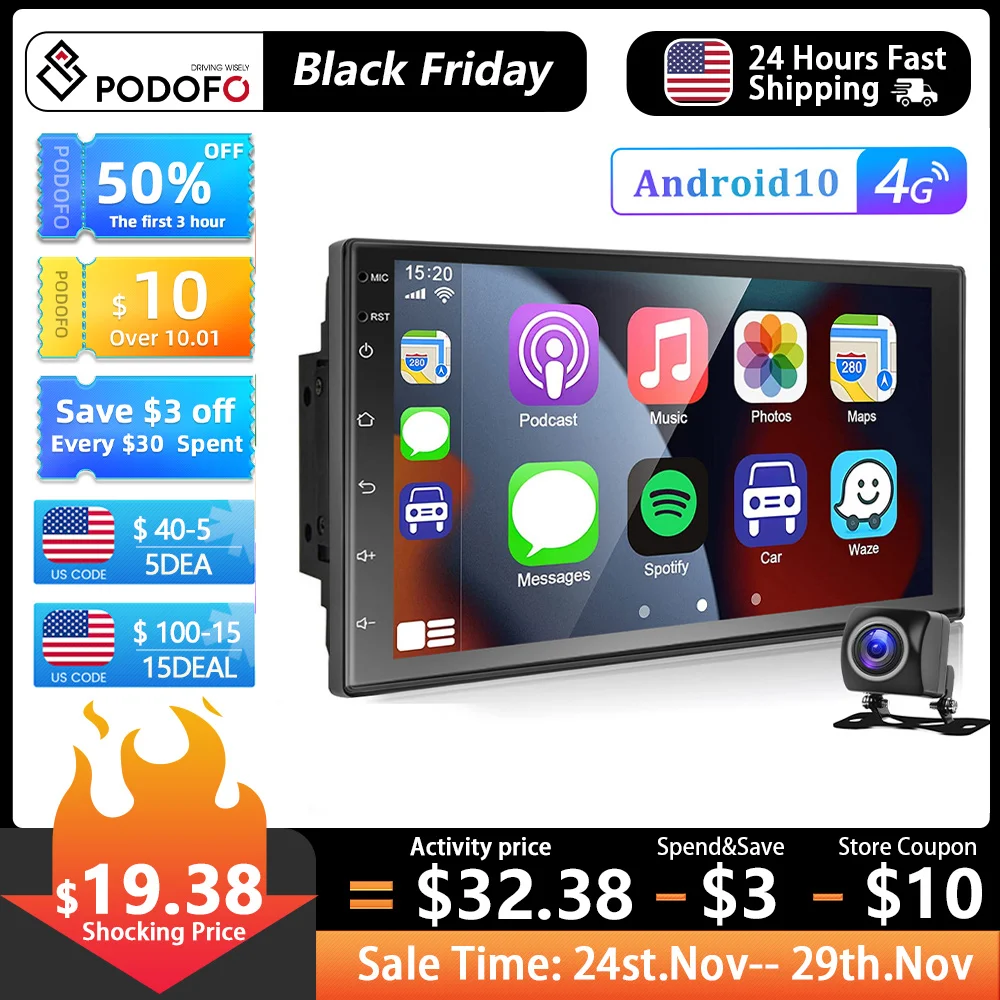 Podofo 2 Din Car Radio GPS Android 7