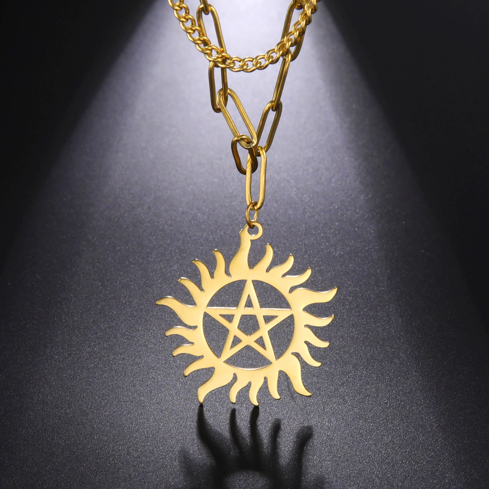 

Sun Pendant Necklace for Men Women Stainless Steel Double Layer Necklace Fashion Paper Clip Chain Choker Jewelry Gift