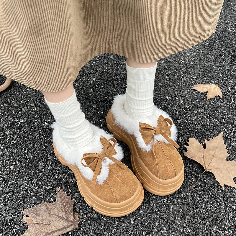 35-40 женские меховые тапочки с бантом на плоской подошве зимние ботинки платформе