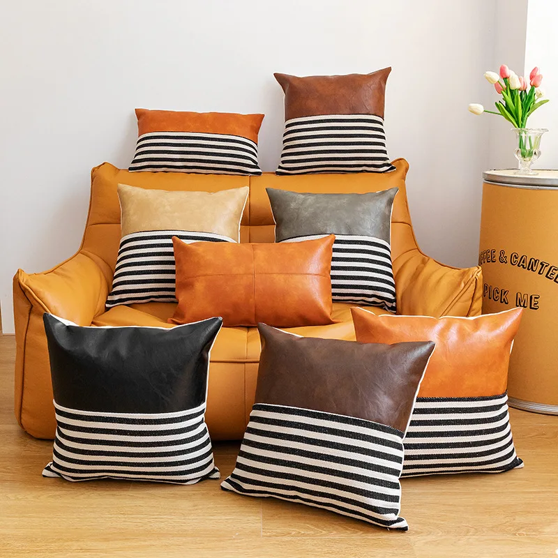 

Home PU leather Stitching Striped Pillowcase 45x45cm Sofa Faux Leather Cushion Cover car lumbar pillow 30x50cm