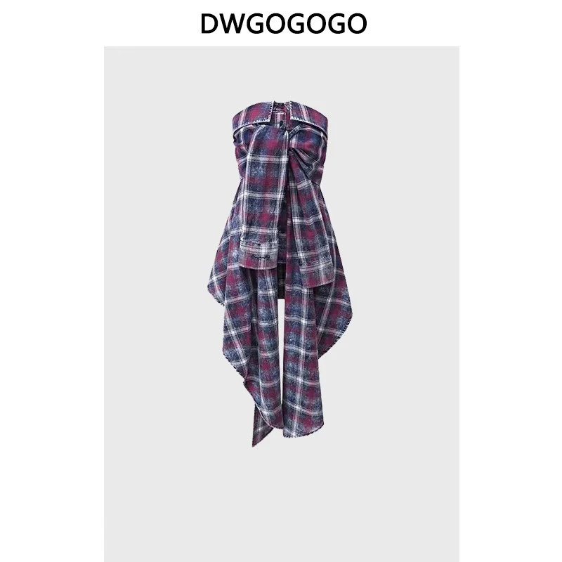 

2023 Checkered Chest Wrapping Dress Asymmetric Design Fashion Slim Fit Dress Women American Vintage Style