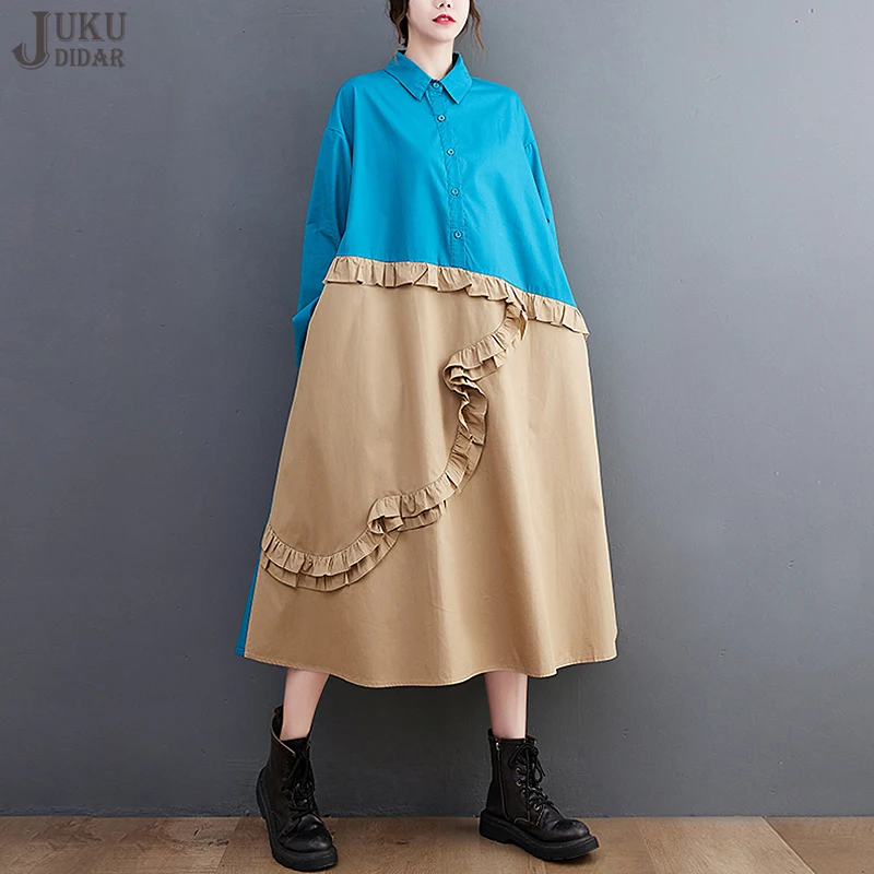 

Hit Color Autumn Woman Blue Khaki Patchwork Japanese Style Dress Ruffle Full Sleeve Loose Fit Big Size Casual Large Robe JJXD210