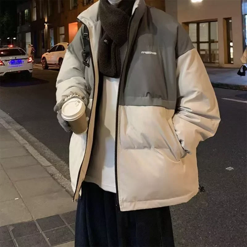 down coat men's thickened warmth stand-up collar Korean trend contrast color loose lovers padded Kong style cotton