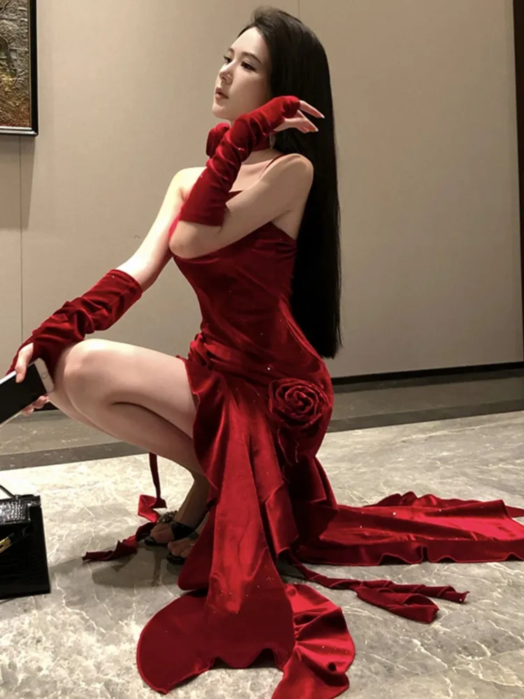 Сексуальное красное бархатное вечернее платье для женщин элегантное с открытой