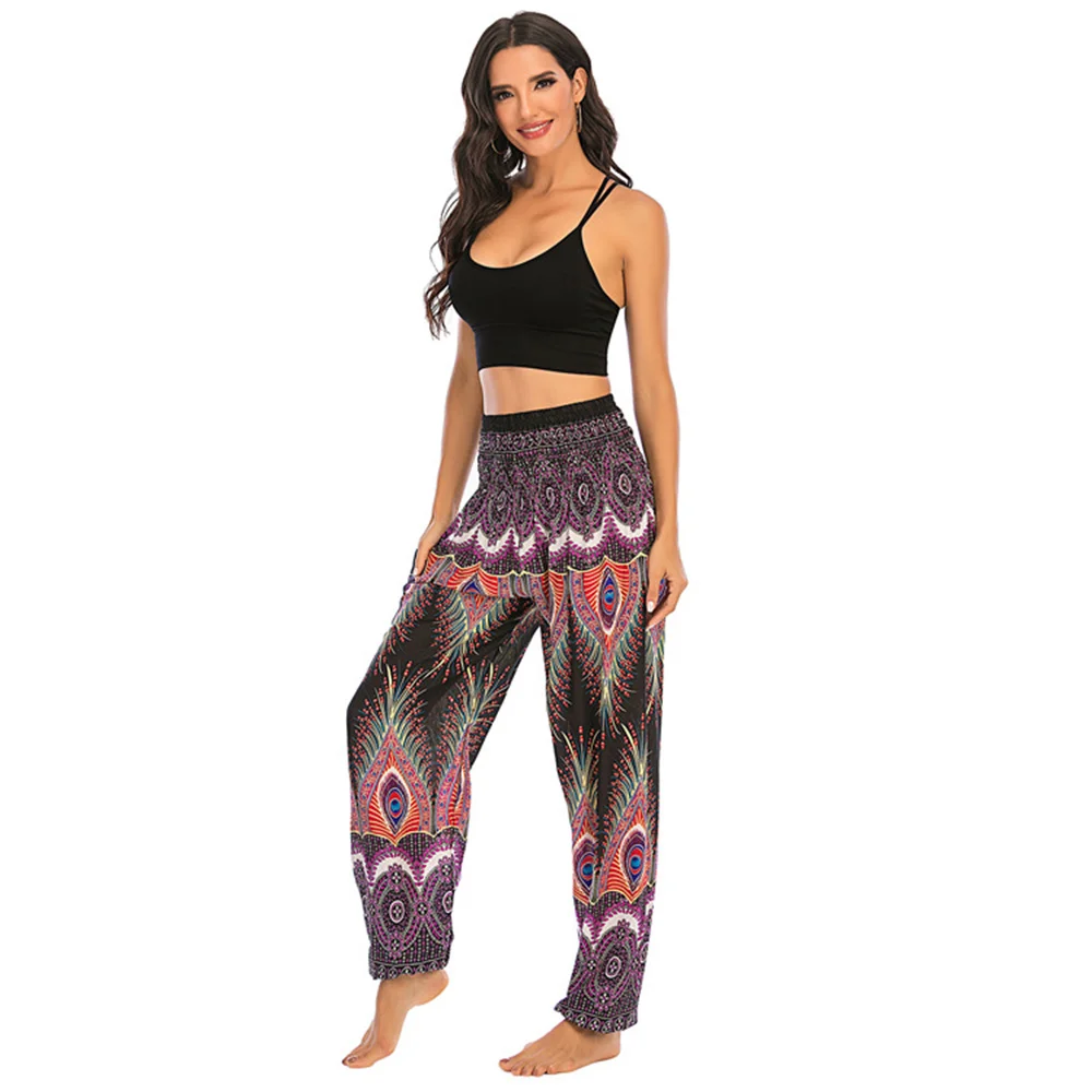 Bohemian Rayon Women Long Pants Floral Print Wide Leg Bottoms Elastic High Waist Casual Vintage Full Length Trousers Streetwear