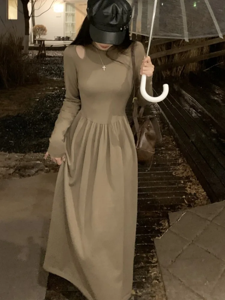 

Женское однотонное платье-миди с длинным рукавом, круглым вырезом