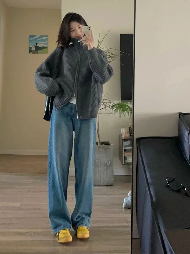 Женский базовый Серый кардиган свитер с полувысоким воротником мягкий вязаный