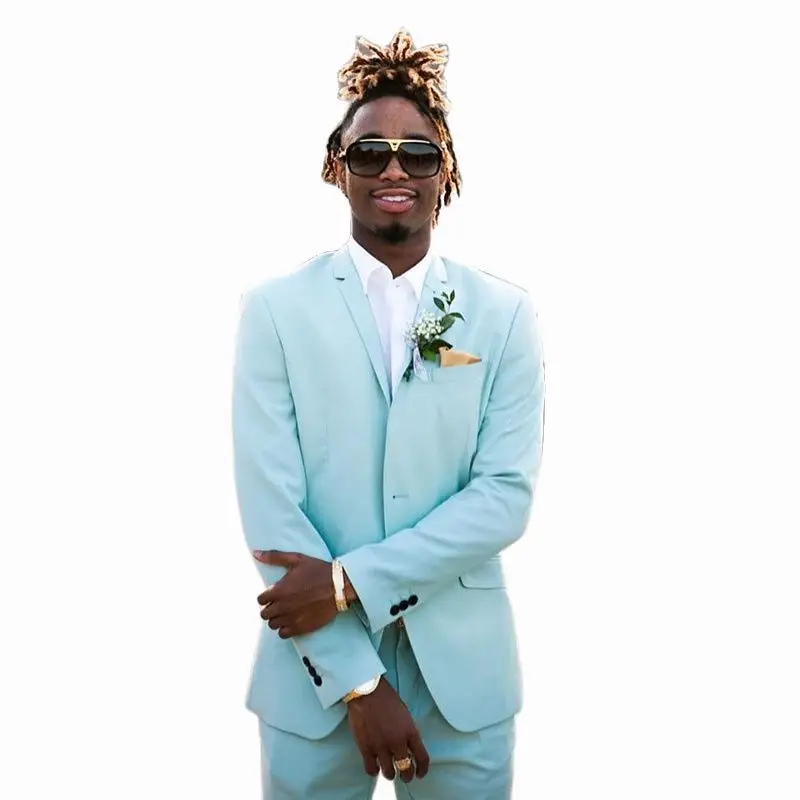 2022 Peaked Lapel Sky Blue  Mens Suits Slim Fit Two Pieces Beach Mens Groomsmen Wedding Tuxedos Formal Prom Suit (Jacket+Pants)