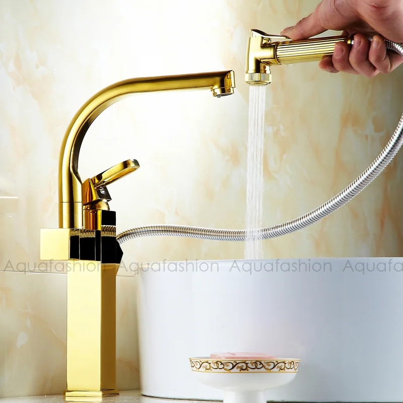 

Retractable Luxury Golden Bathroom Sink Faucet Pull Out Basin Mixer Single Handle Golden Taps For Bathroom Sink