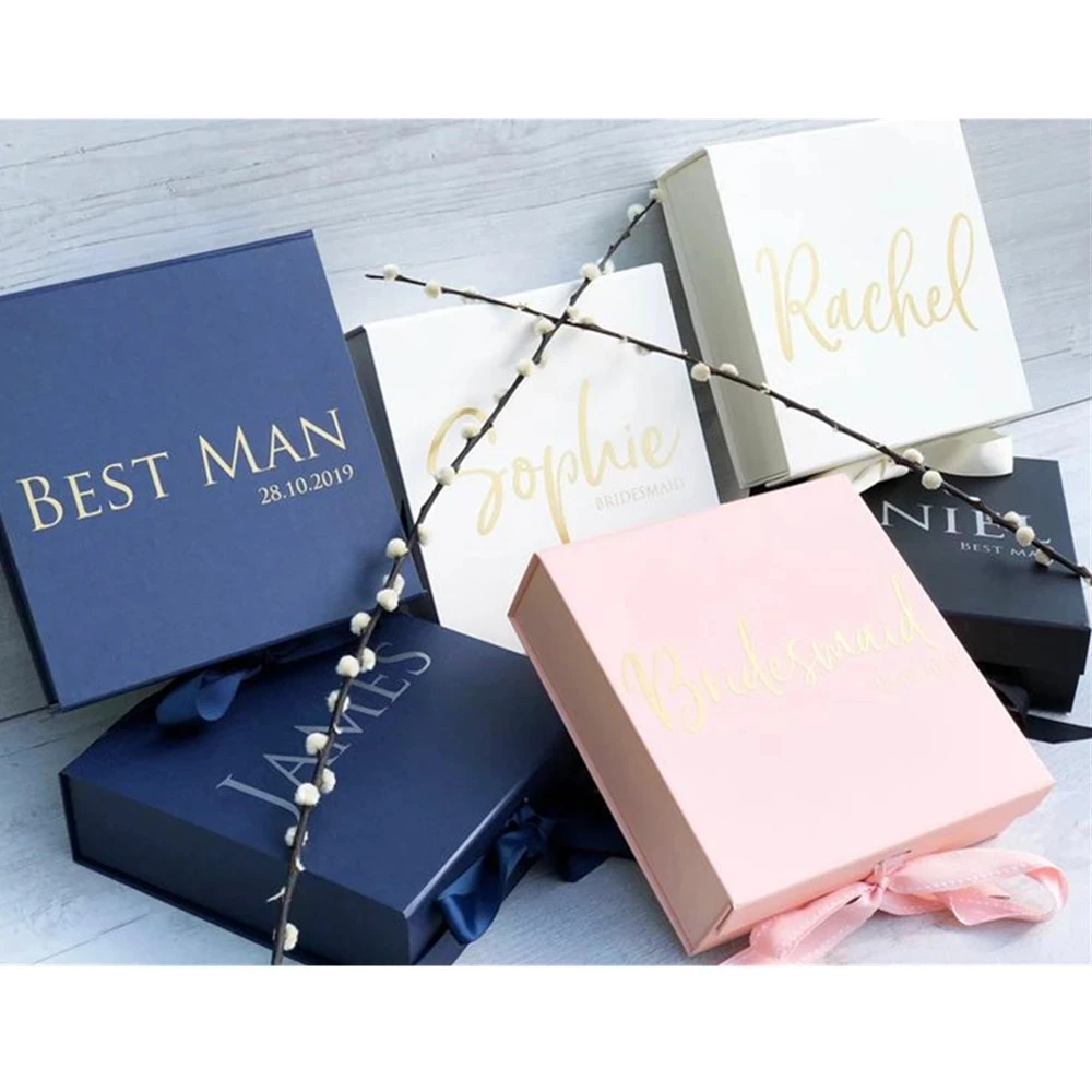 Personalized name navy gold gift Box,custom groomsmen,Will you be Bridesmaid box,wedding birthday favor gift packing satin bow