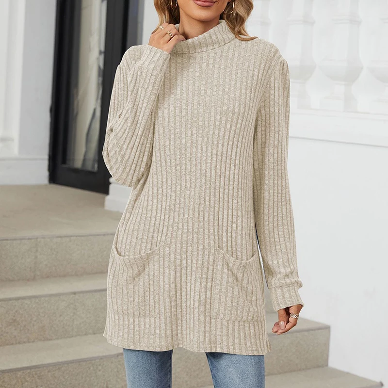 Женский Свитер EVNISI Повседневный Вязаный Топ С Длинными Рукавами И Карманами