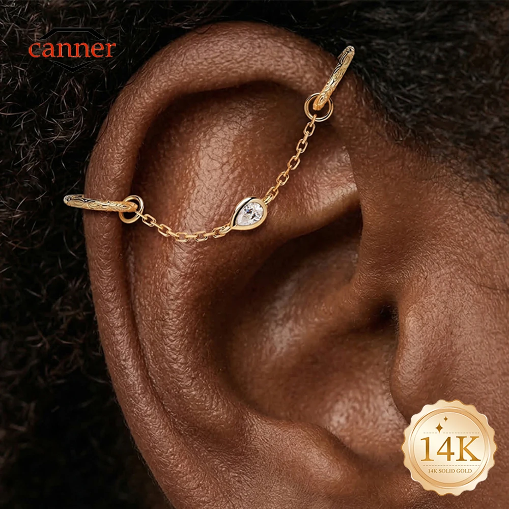 Фото Серьга-цепочка CANNER 1 шт. из цельного золота 14K с кисточкой и фианитами, минималистичная, для пирсинга хеликса, трагуса, конча, подарок для женщин №1