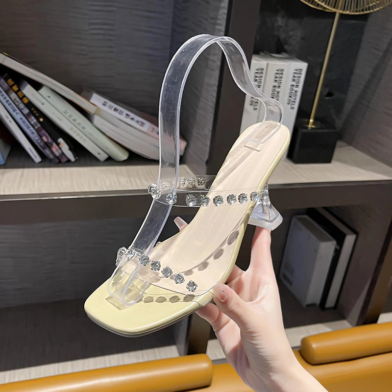 

Новинка, модные роскошные женские тапочки, летние прозрачные туфли-лодочки с квадратным носком и открытым носком на высоком каблуке