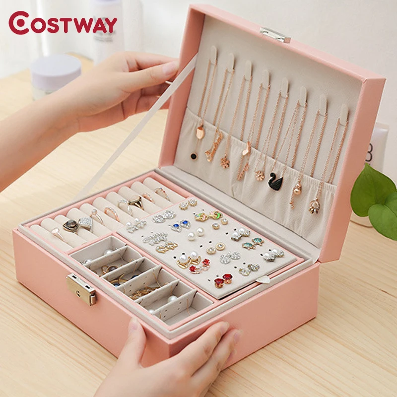 

Шкатулка из искусственной кожи для хранения ювелирных изделий, роскошный Органайзер 2-уровневый для часов, серег, колец, девушек в винтажном...