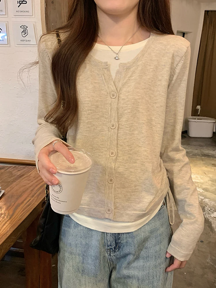 Корейский вязаный кардиган контрастного цвета из двух частей с длинными