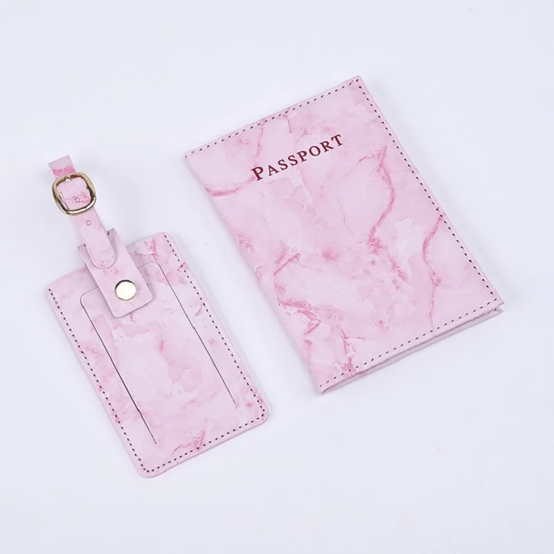 Men Fashion Design Marble Prints Pu Leather Passport Cover And Luggage Name Tag Set Women Travel Passport Holder Sleeve Case