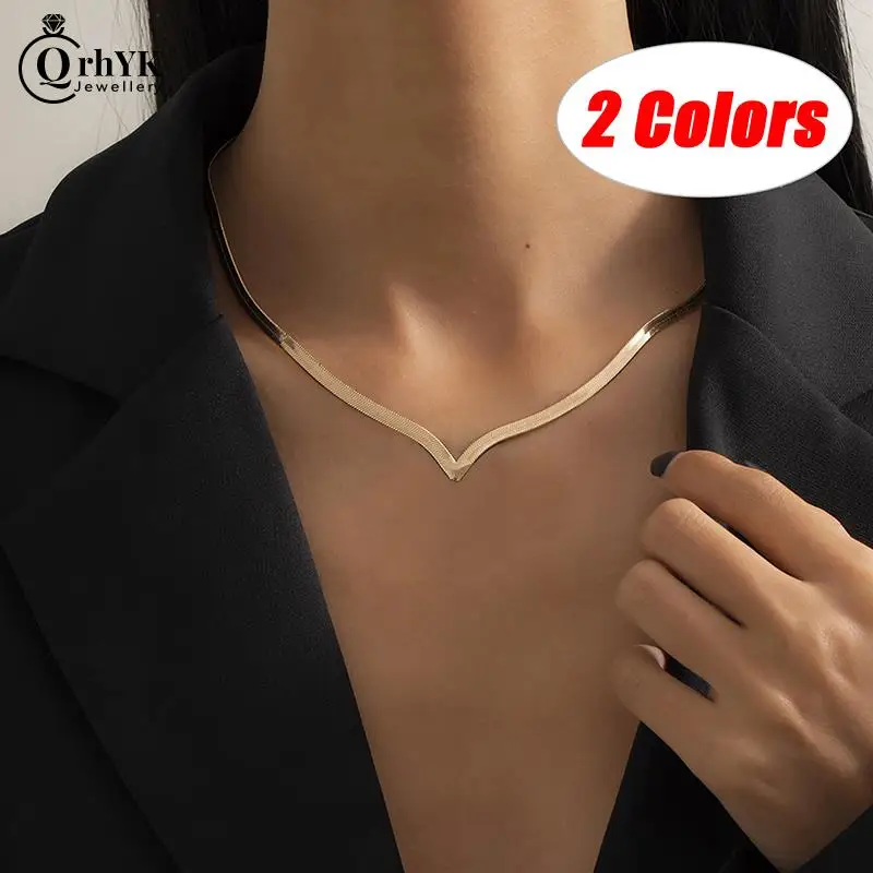 

Women Clavicle Metal Collares Necklace Jewelry Waterproof Filmy Snake Chain Punk Flat Blade Snake Link Chain Choker Necklace