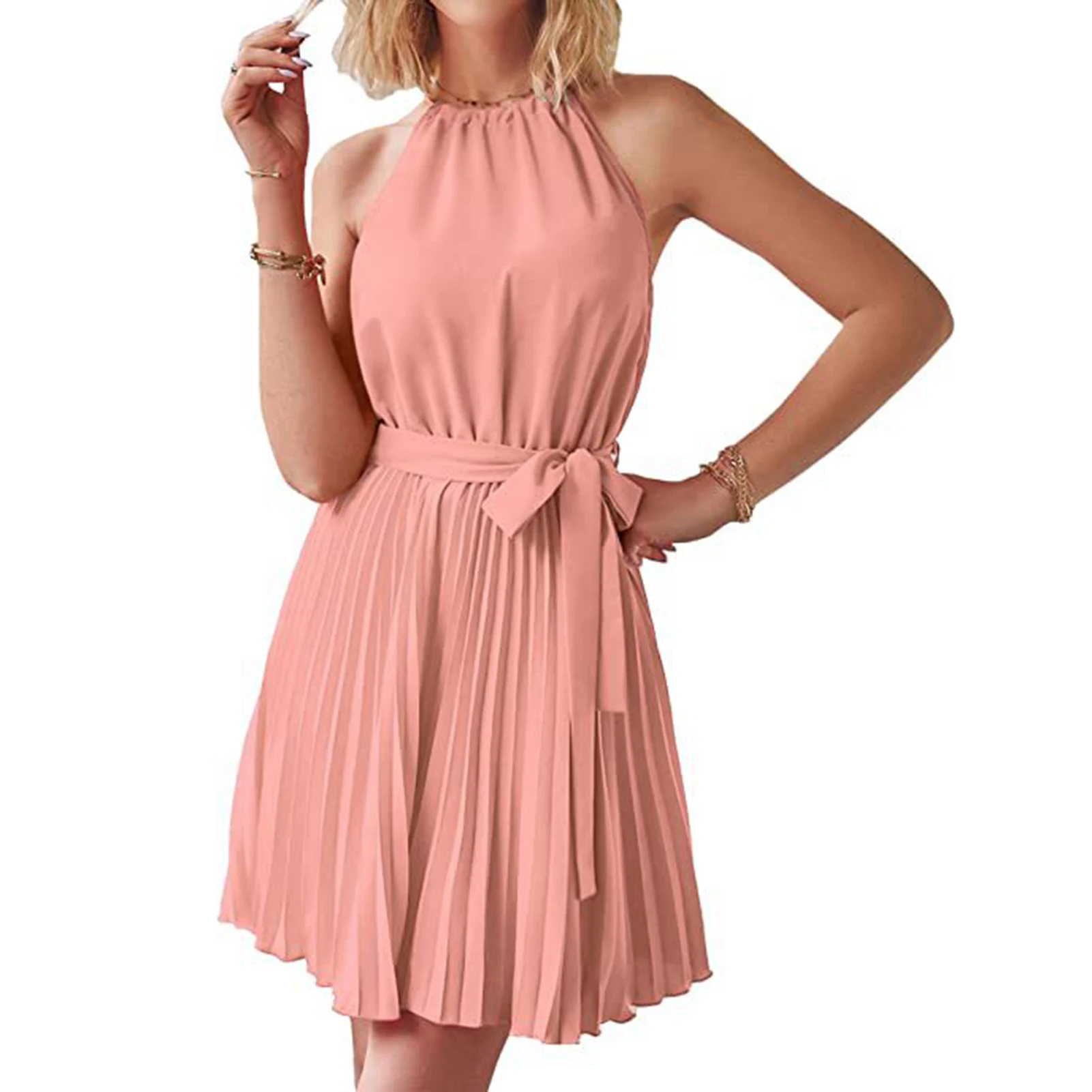 

Летнее повседневное женское цельное платье с лямкой на шее, цельное платье для женщин, одежда для молодых девушек