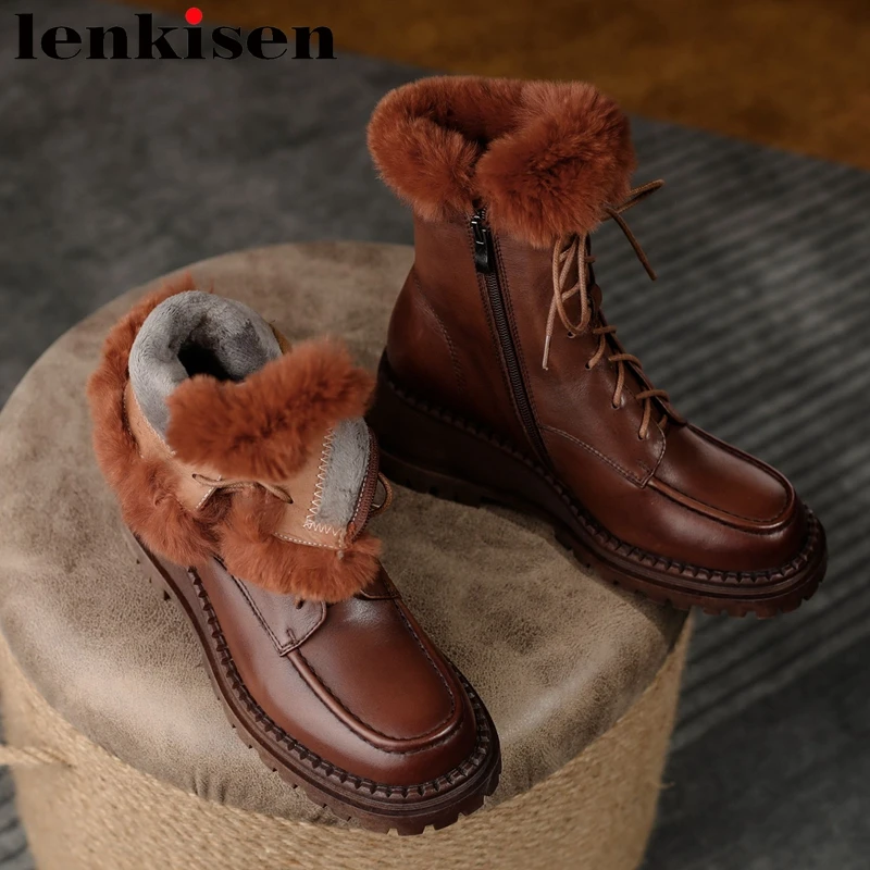 

Lenkisen Genuine Leather Round Toe Thick High Heels Snow Boots Platform Keep Warm Buffing Sewing Thread Cross-tied Ankle Boots