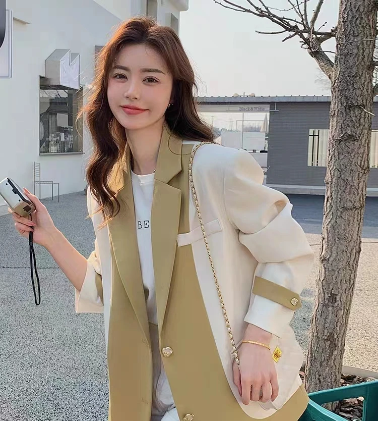 

Contrast Color Women's Suit Spring and Autumn Stitching Design Sense Niche Jacket Korean Style Loose Casual 2023 Trendy Blazer