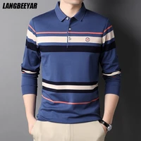 top grade cotton new fashion designer logo brand luxury mens polo shirt with long sleave stripped casual tops men clothing